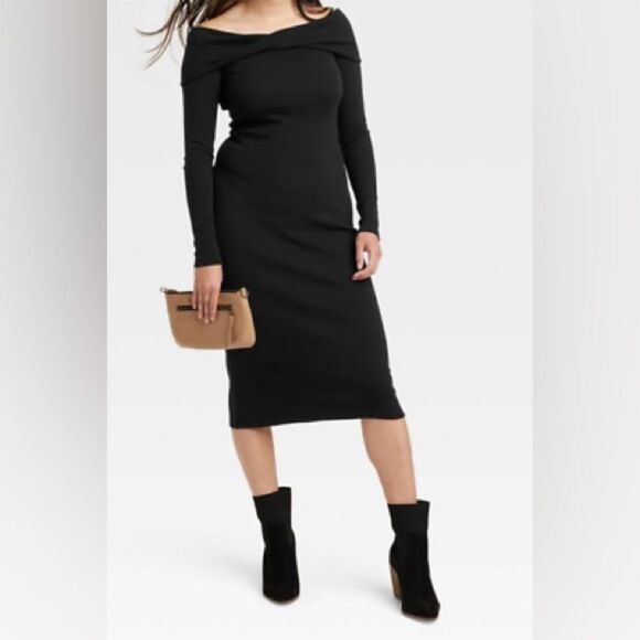 Universal Thread Women's Long Sleeve Midi Bodycon Dress Black Ribbed NEW - Picture 1 of 12